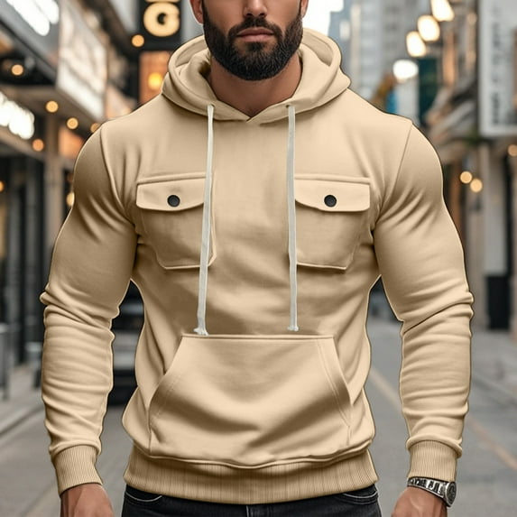 gbyLJF Men's Casual Hoodie Long Sleeve Round-neck Drawstring Pullover Solid Color Hooded Top with Multiple Pockets