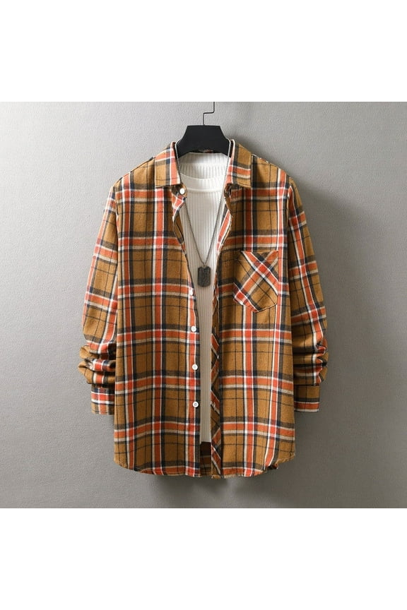 Men's Casual Loose Cotton Shirt Checked Printed Button Down Lapel Blouse Single-sided Pocket Long Sleeve Top