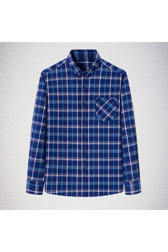 Men's Checked Lapel Shirt Plaid Printed Long Sleeve Top Casual Business Button Down Blouse with Pocket