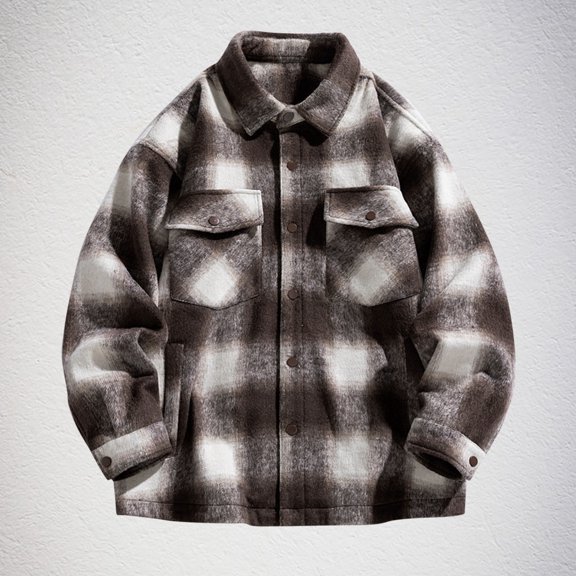 gbyLJF Men's Checkered Printed Jacket Thickened Warm Button Top Casual Loose Long Sleeve Lapel Jacket with Pocket