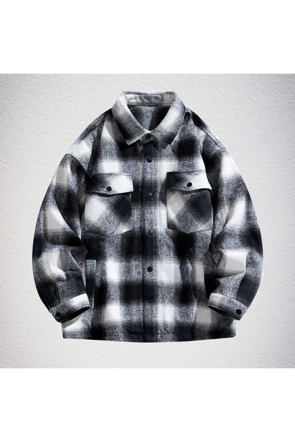 Men's Checkered Printed Jacket Thickened Warm Button Top Casual Loose Long Sleeve Lapel Jacket with Pocket