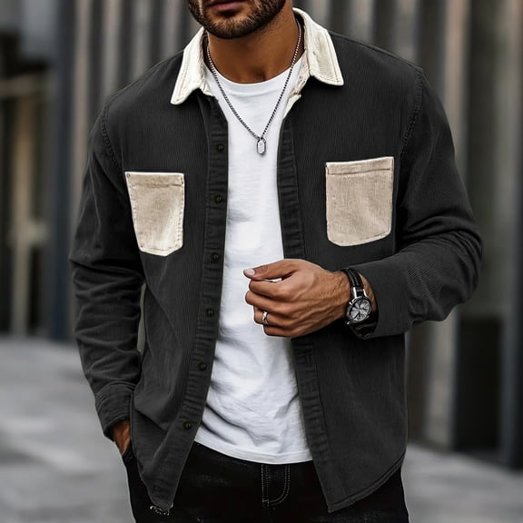 gbyLJF Men's Corduroy Lapel Cardigan Double-sided Pocket Long Sleeve Top Casual Fashion Color-blocked Jacket
