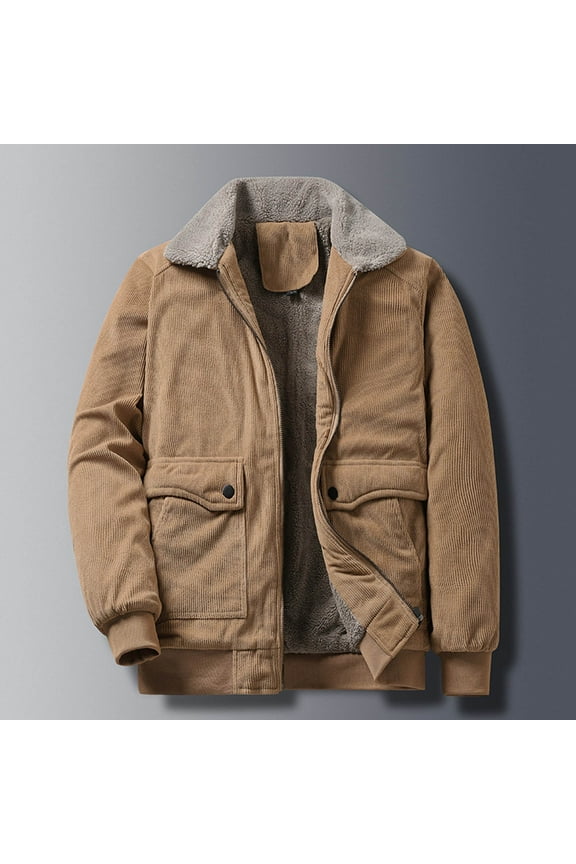 Men's Corduroy Laple Jacket Fleece Lined Long Sleeve Full Zip Casual Warm Shirts Coats Solid Color Cardigan with Pocket