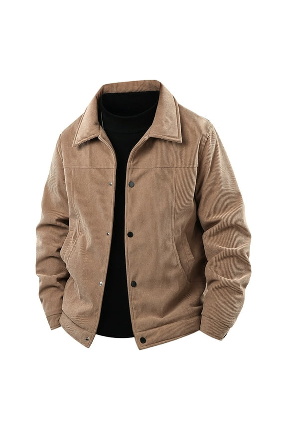 Men's Corduroy Laple Jacket Thickened Fleece Long Sleeve Button Down Casual Warm Shirts Coats Solid Color Cardigan with Pocket