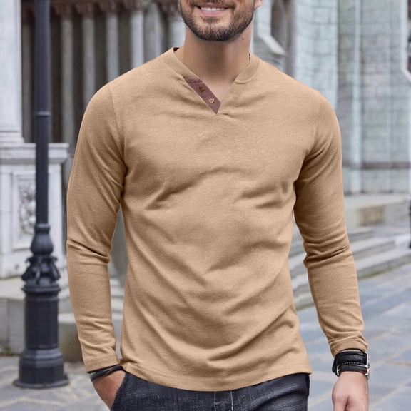 gbyLJF Men's Cotton Blouse Casual Simply Solid Color Long Sleeve Small V-neck Top Basic Slim Fit Base Layer Shirt