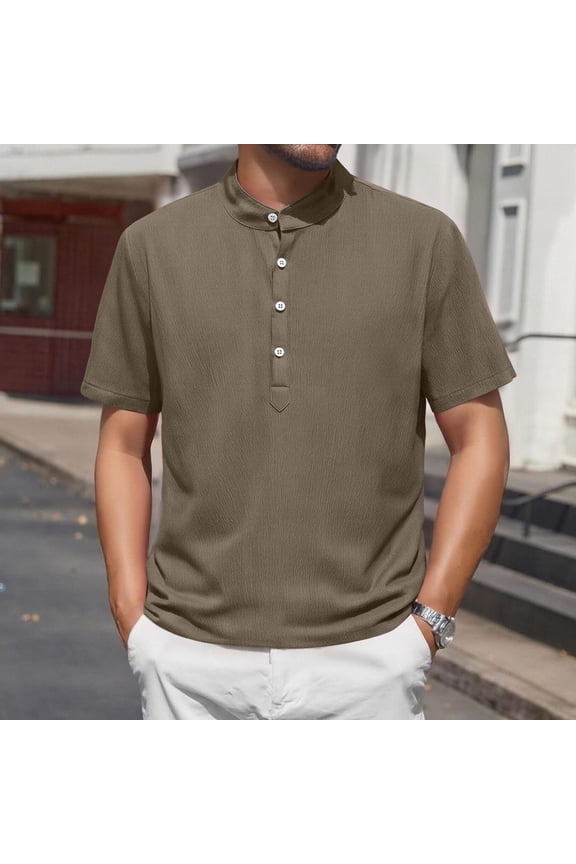 Men's Crew Neck Tops Solid Color Half Button Up Short Sleeve Shirts Casual Work Half Open Front T-shirts