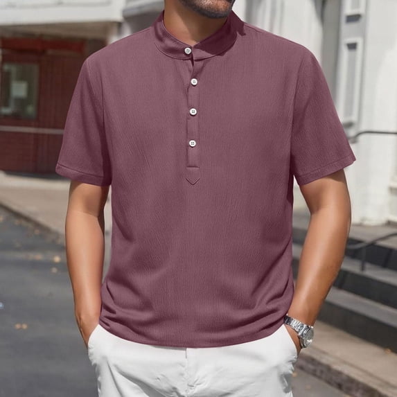 gbyLJF Men's Crew Neck Tops Solid Color Half Button Up Short Sleeve Shirts Casual Work Half Open Front T-shirts