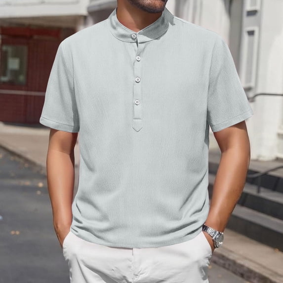 gbyLJF Men's Crew Neck Tops Solid Color Half Button Up Short Sleeve Shirts Casual Work Half Open Front T-shirts