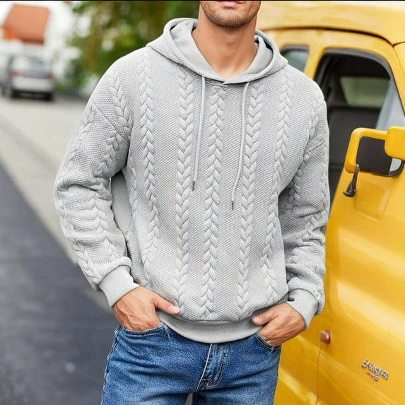 gbyLJF Men's Crewneck Sweaters Solid Color Long Sleeve Knitted Hooded Pullover Soft Comfoy Casual Textured Sweaters for Men