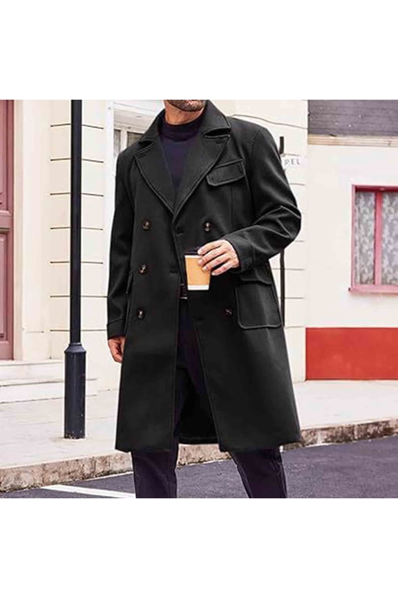 Men's Double Breasted Woolen Overcoat Solid Color Long Sleeve Lapel Long Coat Winter Thicker Windbreakers Caots with Pockets