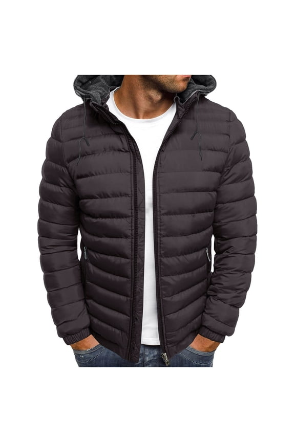 Men's Down Jacket Lightweight Packable Hooded Zip Up Puffer Jacket Solid Color Warm Cotton-padded Jackets with Pockets