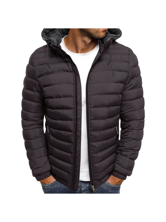 Men's Down Jacket Lightweight Packable Hooded Zip Up Puffer Jacket Solid Color Warm Cotton-padded Jackets with Pockets