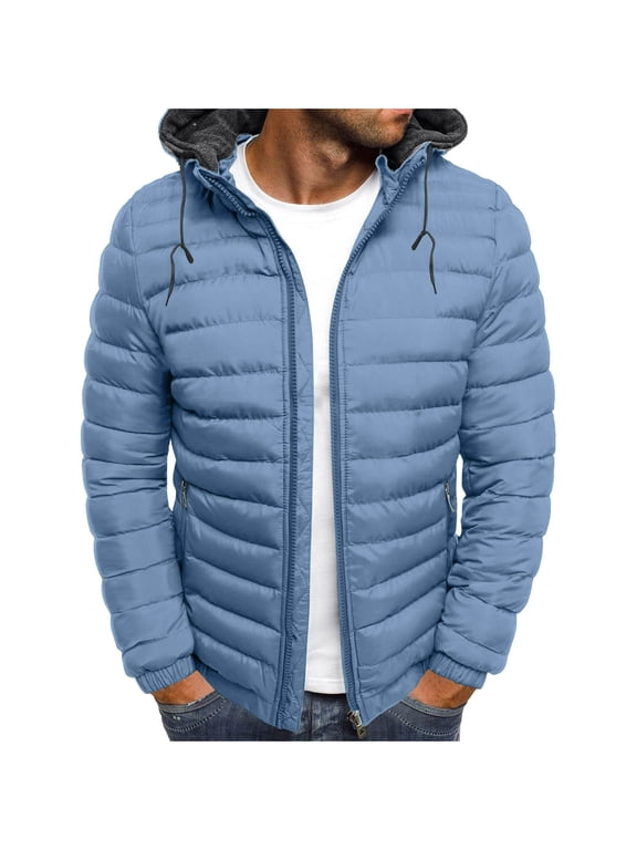 Men's Down Jacket Lightweight Packable Hooded Zip Up Puffer Jacket Solid Color Warm Cotton-padded Jackets with Pockets