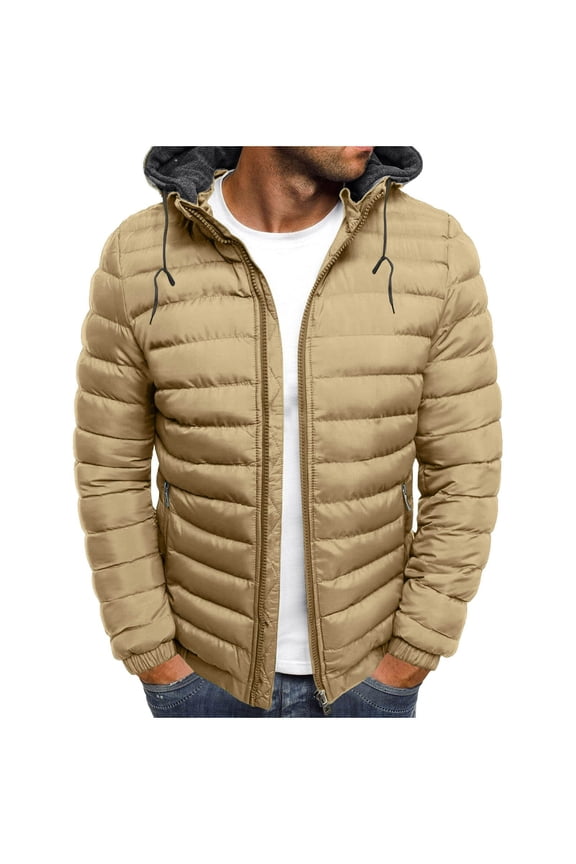 Men's Down Jacket Lightweight Packable Hooded Zip Up Puffer Jacket Solid Color Warm Cotton-padded Jackets with Pockets