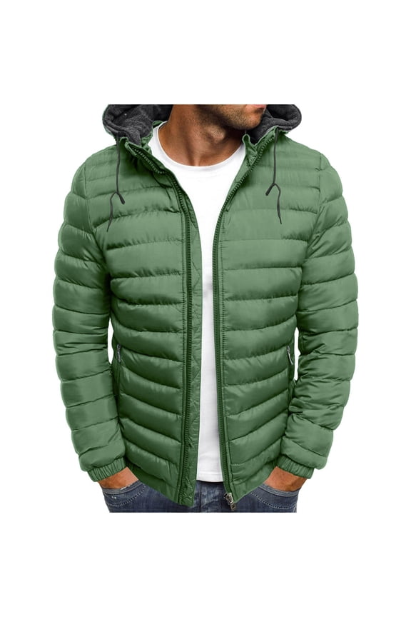 Men's Down Jacket Lightweight Packable Hooded Zip Up Puffer Jacket Solid Color Warm Cotton-padded Jackets with Pockets