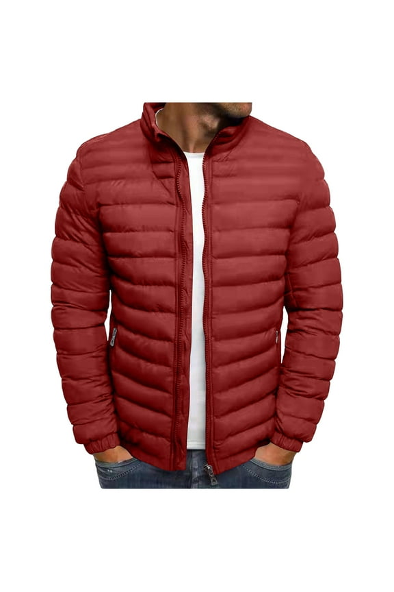 Men's Down Jacket Lightweight Zip Up Puffer Jacket Winter Warm Solid Color Cotton-padded Jackets with Pockets
