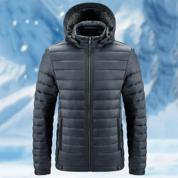 gbyLJF Men's Down Jacket Solid Color Full Zip Puffer Jacket Winter Cotton-padded Jackets with Pockets and Removable Hood