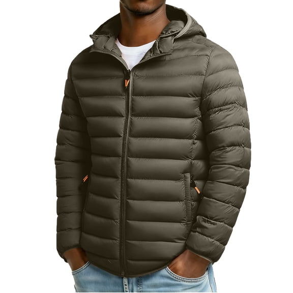 gbyLJF Men's Down Jacket Winter Hooded Puffer Coat Casual Solid Color Full Zip Jackets Thicken Warm Coat with Zipper Pockets