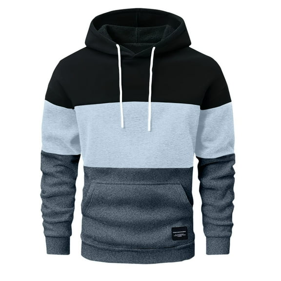 gbyLJF Men's Drawstring Hoodie Casual Loose Long sleeve Hooded Sweatshirt Three-color Patchwork Pullover with Pocket