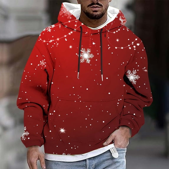 gbyLJF Men's Drawstring Hoodie Christmas Printed Long Sleeve Pullover Top Round Neck Sweatshirt with Pocket