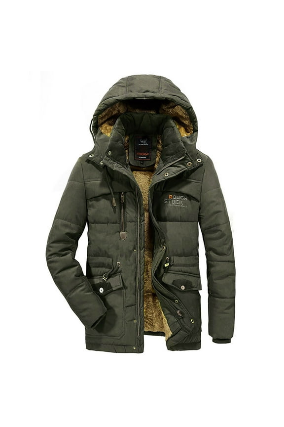 Men's Fleece Cotton-padded Jackets Winter Thickened Hooded Drawstring Jacket Large-size Zipper Warm Outwear with Pockets