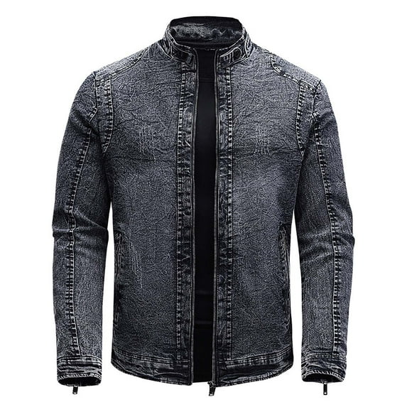 gbyLJF Men's Fleece Denim Jackets Vintage Washed Long Sleeve Top Coat Fall/Winter Stand Up Collar Jacket with Pockets