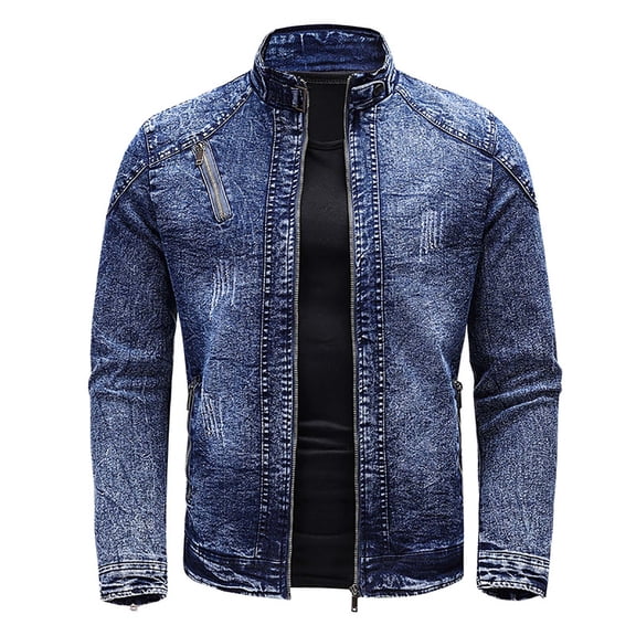 gbyLJF Men's Fleece Denim Jackets Vintage Washed Long Sleeve Top Coat Fall/Winter Stand Up Collar Jacket with Pockets