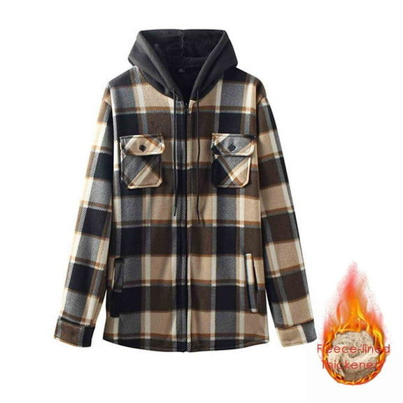 gbyLJF Men's Fleece Lined Hooded Coats Thickened Checkered Button Down Long Sleeve Cardigan Double Side Pocket Full Zip Blouse Jackets