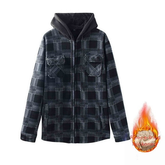 gbyLJF Men's Fleece Lined Hooded Coats Thickened Checkered Button Down Long Sleeve Cardigan Double Side Pocket Full Zip Blouse Jackets