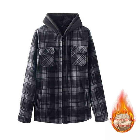 gbyLJF Men's Fleece Lined Hooded Coats Thickened Checkered Button Down Long Sleeve Cardigan Double Side Pocket Full Zip Blouse Jackets
