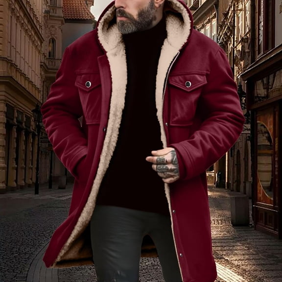 gbyLJF Men's Fleece Lined Hooded Overcoats Long Sleeve Solid Color Jackets Long Zipper Button Down Casual Coat Winter Outwear