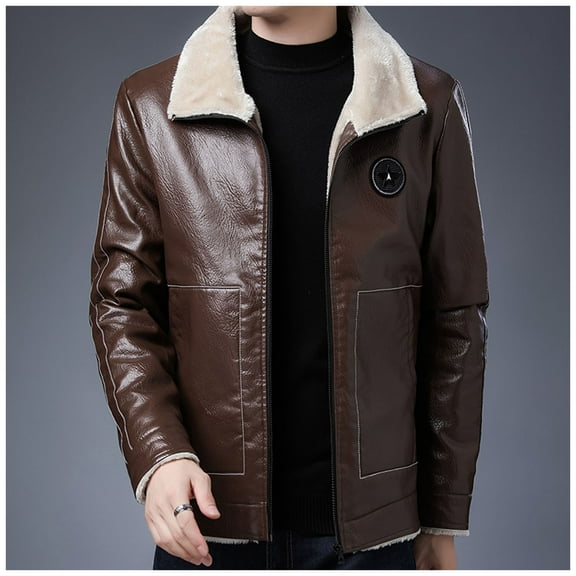 gbyLJF Men's Fleece-Lined Leather Jackets Vintage Zip Up Slim Fit PU Coat Solid Color Casual Turndown Collar Leather Outwear Coats