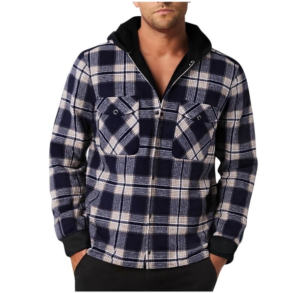 gbyLJF Men's Fleece Lined Plaid Jacket Winter Hooded Cotton-padded Coat Casual Button Down Blouse Jackets Thicken Warm Cardigan with Pockets