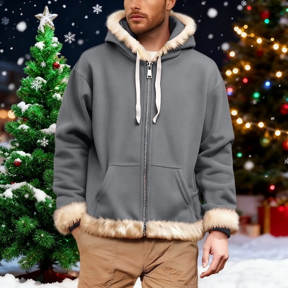 gbyLJF Men's Full Zip Jacket Solid Color Long Sleeve Drawstring Hooded Cardigan Warm Fleece Jacket Christmas Tops