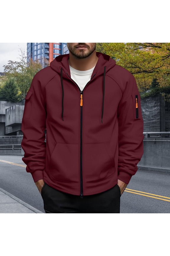 Men's Full Zipper Jacket Solid Color Long Sleeve Drawstring Cardigan Regular Fit Hoodie Jackets with Pocket