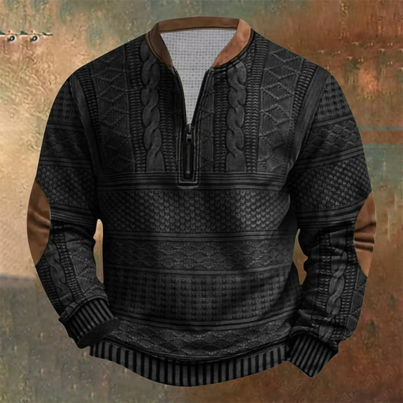 gbyLJF Men's Half Zipper Top Long Sleeve Vintage Knitted Printed Sweater Casual Loose Fit Round Neck Sweatshirt Mens Sweaters