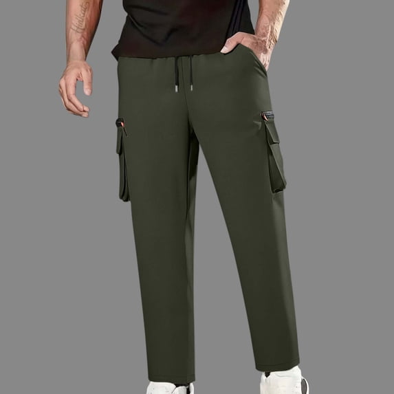 gbyLJF Men's Hiking Work Pants Drawstring Stretch Waist Casual Pant Solid Color Straight Fit Trousers with 4 Pockets Army Green,S