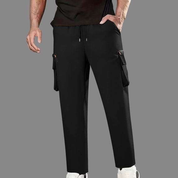 gbyLJF Men's Hiking Work Pants Drawstring Stretch Waist Casual Pant Solid Color Straight Fit Trousers with 4 Pockets Black,XXL