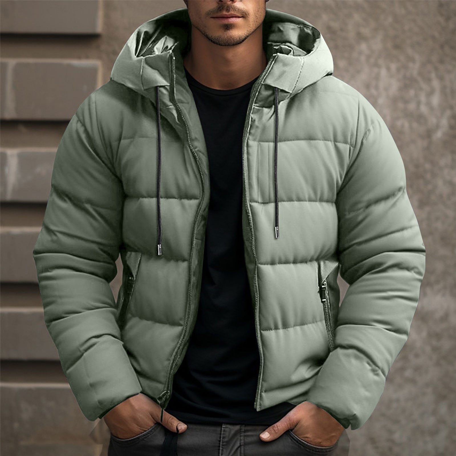 gbyLJF Men's Hooded Down Jacket Solid Color Full Zip Puffer Jackets ...