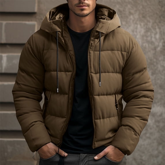gbyLJF Men's Hooded Down Jacket Solid Color Full Zip Puffer Jackets Winter Thickened Warm Padded Coats with Zipper Pockets