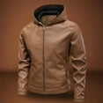 thumbnail image 1 of gbyLJF Men's Hooded Faux Leather Jacket Solid Color Long Sleeved Round Neck Coat Zip UP Windbreaker Jacket with Pocket, 1 of 4