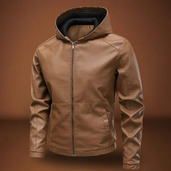 gbyLJF Men's Hooded Faux Leather Jacket Solid Color Long Sleeved Round Neck Coat Zip UP Windbreaker Jacket with Pocket