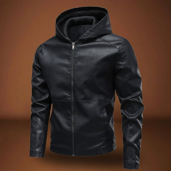 gbyLJF Men's Hooded Faux Leather Jacket Solid Color Long Sleeved Round Neck Coat Zip UP Windbreaker Jacket with Pocket