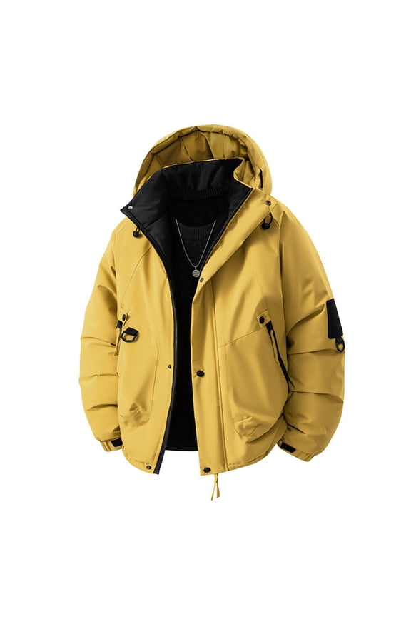 Men's Hooded Puffer Jacket Mountain Waterproof Ski Snow Coat Solid Color Full Zip Warm Down Jackets Winter Windproof Jacket
