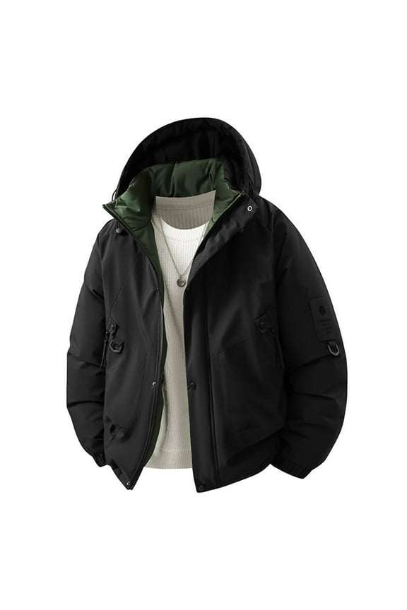 Men's Hooded Puffer Jacket Mountain Waterproof Ski Snow Coat Solid Color Full Zip Warm Down Jackets Winter Windproof Jacket