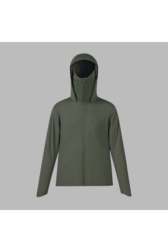 Men's Hooded Sun-protective Clothing Solid Color Outdoor Breathable Long Sleeve Coat Full Zipper Top with Face Mask