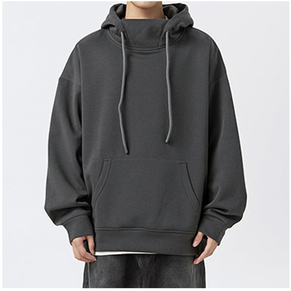 gbyLJF Men's Hooded Sweatshirt Mid-high Neck Solid Color Long Sleeve Pullover Top Big and Tall Drawstring Hoodies with Large Pocket
