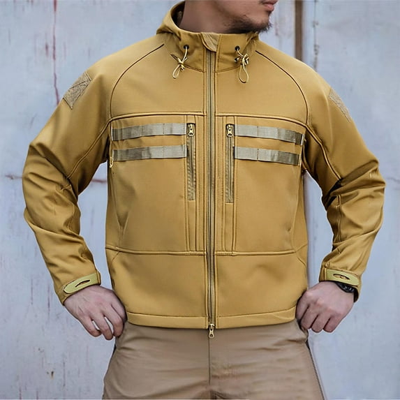 gbyLJF Men's Hooded Work Jacket Solid Color Outdoor Sports Cotton-padded Jacket Windproof Waterproof Zipper Multi-pocket Coats