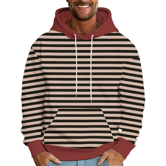 gbyLJF Men's Horizontal Striped Printed Hoodie Color Matching Loose Fit Long Sleeve Hooded Top Drawstring Sweatshirt with Pocket