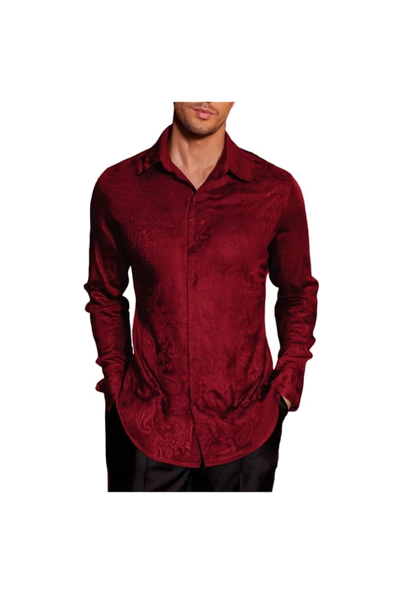 Men's Jacquard Shirt Long Sleeve Lapel Single-breasted Blouse Solid Color Slim Fit Wrinkle-free Dress Shirts